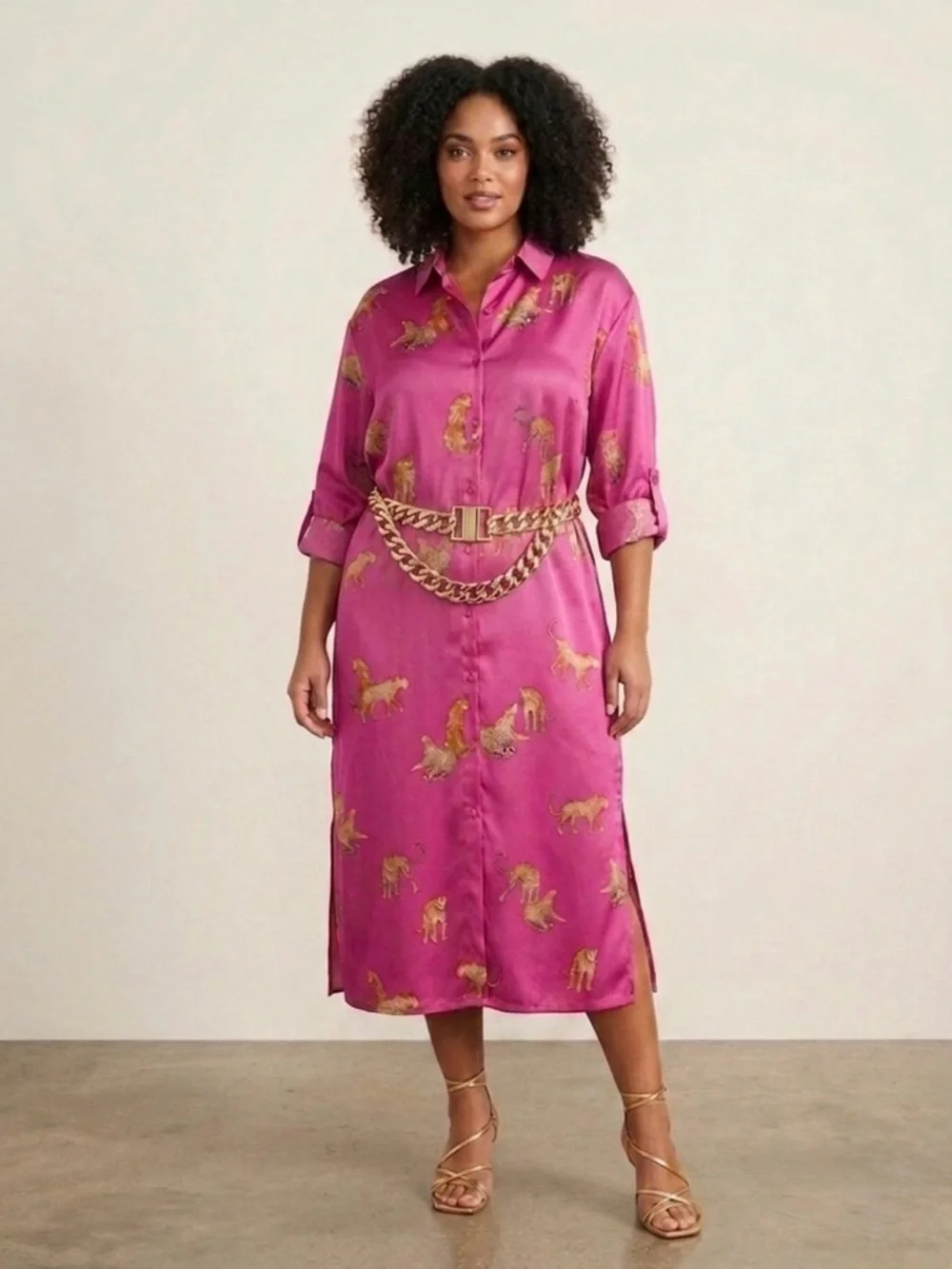 Umgee Hot Pink Satin Leopard Shirt Dress Size 1XL NWT - Picture 1 of 7